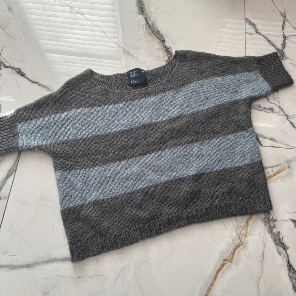 American Eagle Y2K Gray Blue Striped Women's Boat Neck Sweater Medium